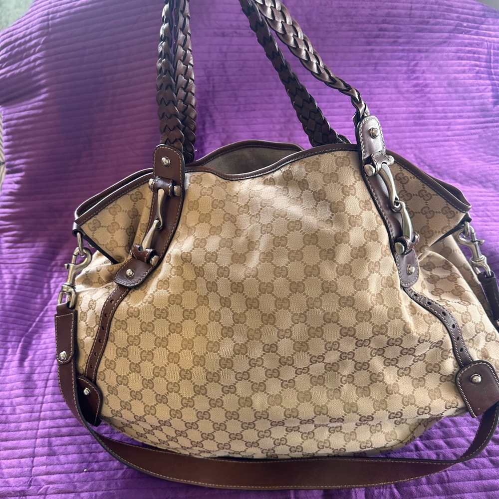 Gucci Beige and Brown Monogram Shoulder Bag